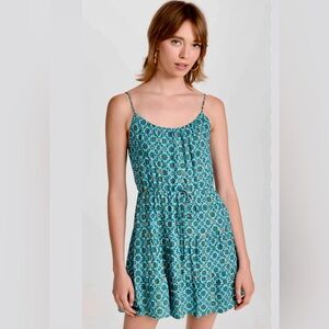 Alice + Olivia Sleeveless Strappy Cheyla Mini Skater Sun Dress In Turquoise Geo
